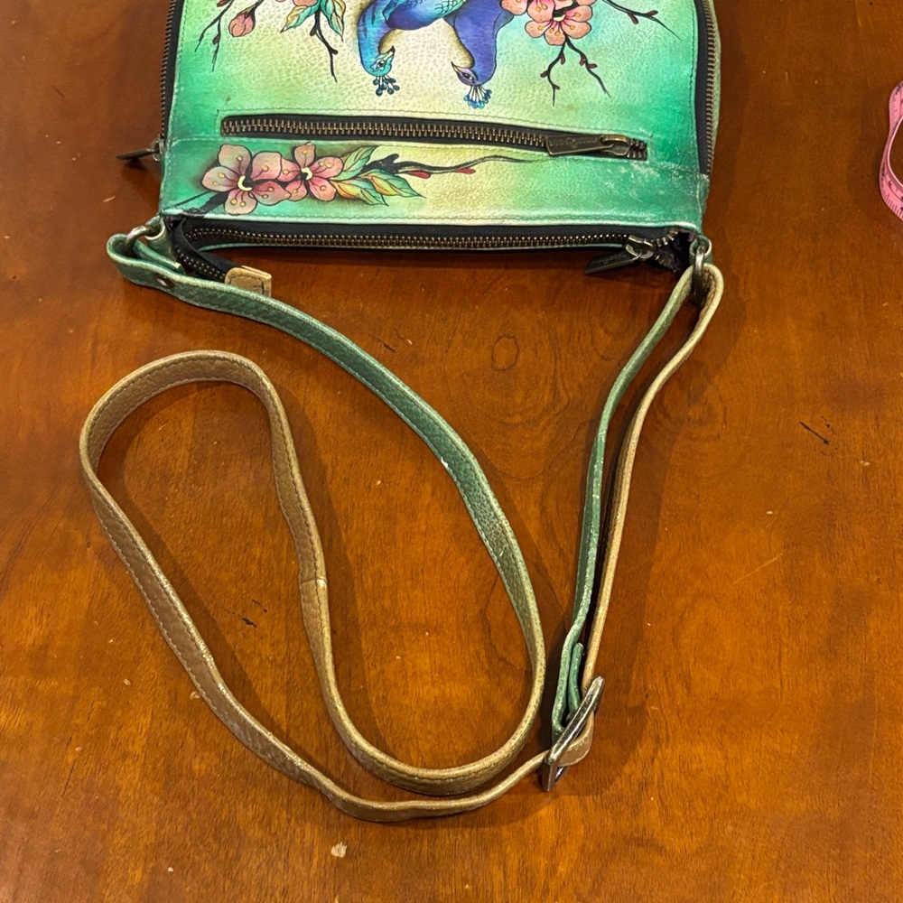 Anuschka Green Adjustable Crossbody Bag with Peacock and Floral‎ Art - Picture 15 of 16